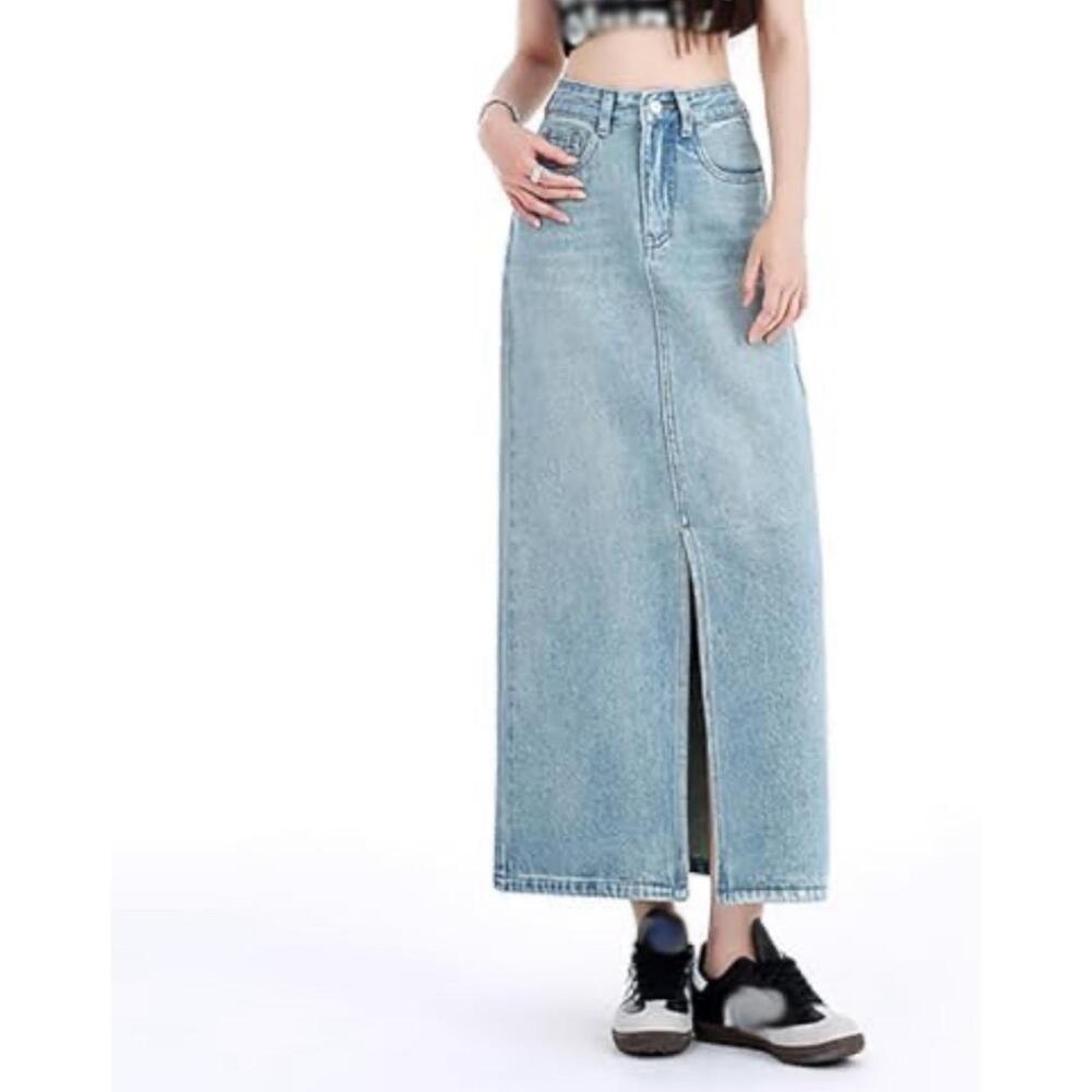 BlankNYC Denim Maxi Skirt Front Slit Light Wash Sz 27 Vintage Y2K Stretchy NWT